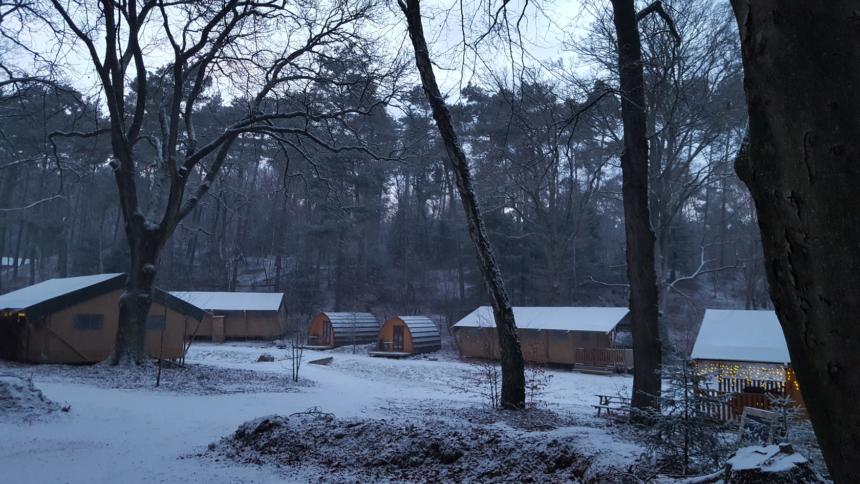 Lodgetent op wintercamping Veluwe.